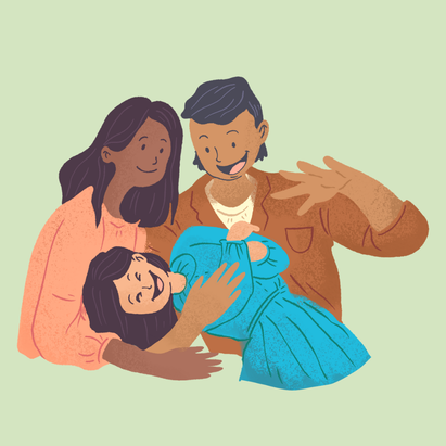 Two parents and their child embrancing each other and laughing together. The parents are holding their giggling child in their arms.